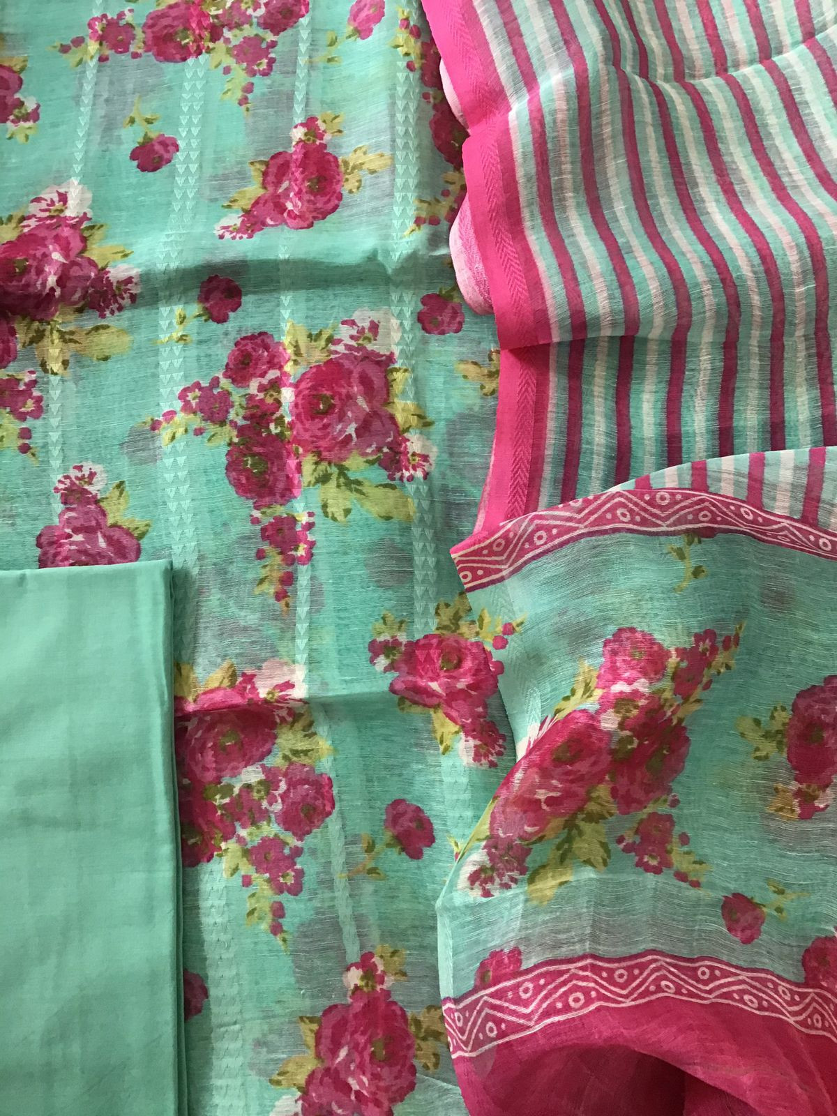 Pure Tussar Silk Printed Self Weaved Suit - Green