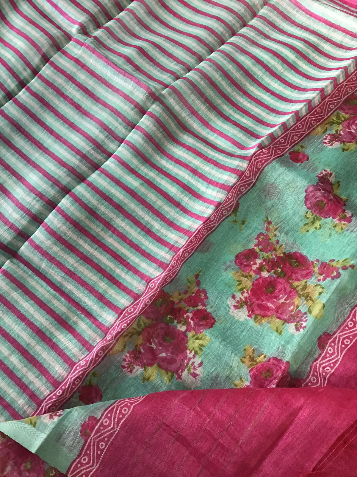 Pure Tussar Silk Printed Self Weaved Suit - Green