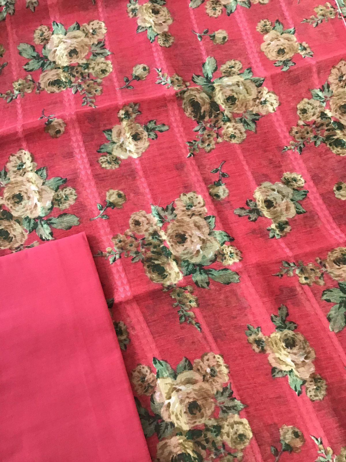 Pure Tussar Silk Printed Self Weaved Suit - Pinkish Red