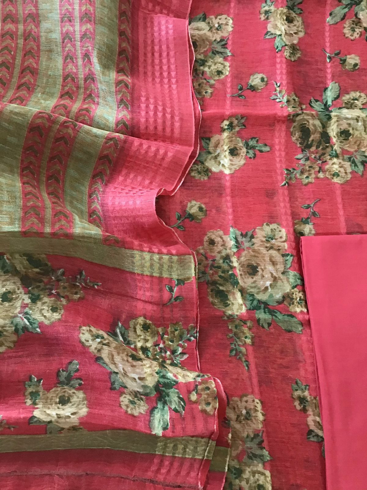 Pure Tussar Silk Printed Self Weaved Suit - Pinkish Red