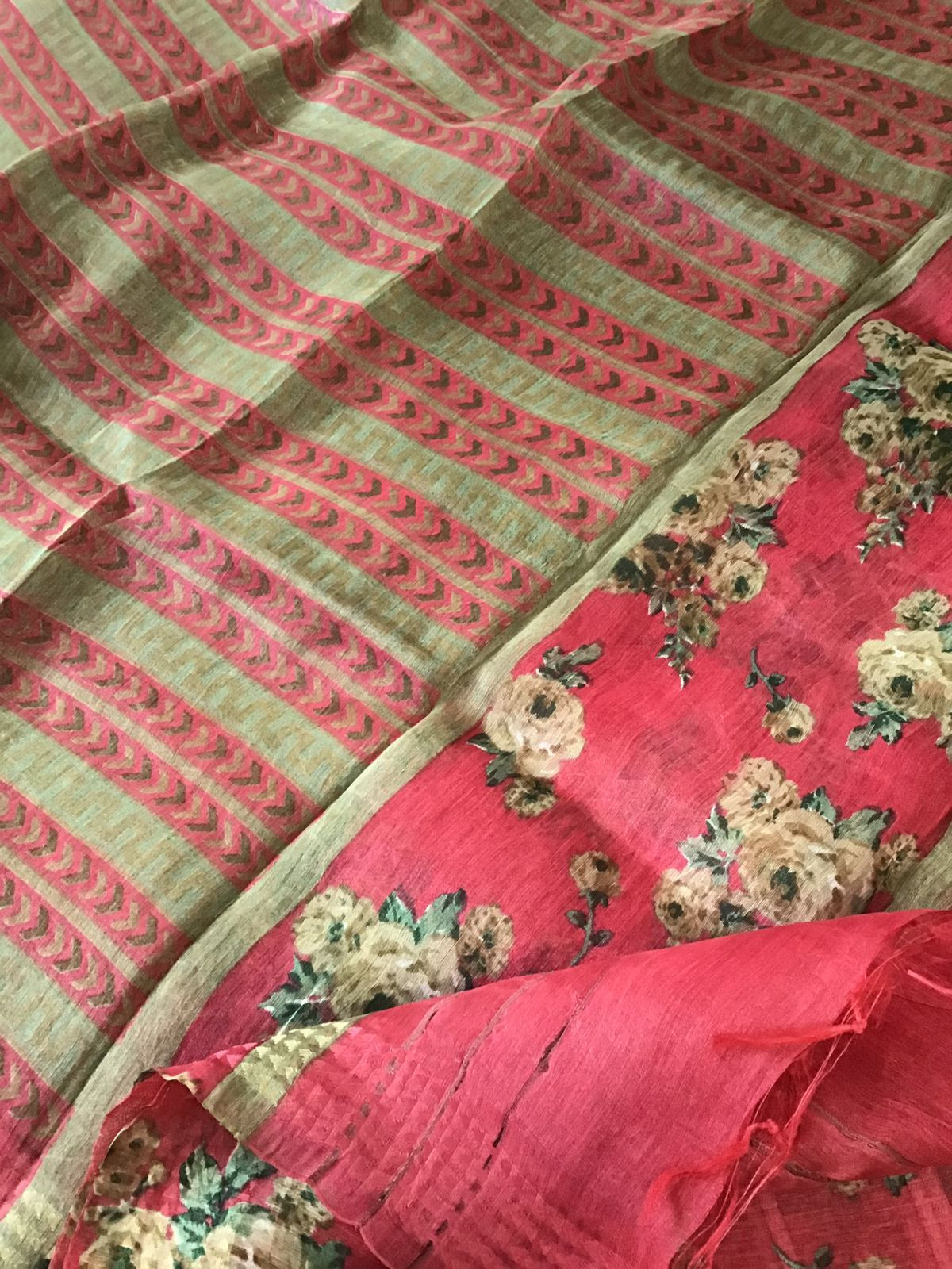 Pure Tussar Silk Printed Self Weaved Suit - Pinkish Red