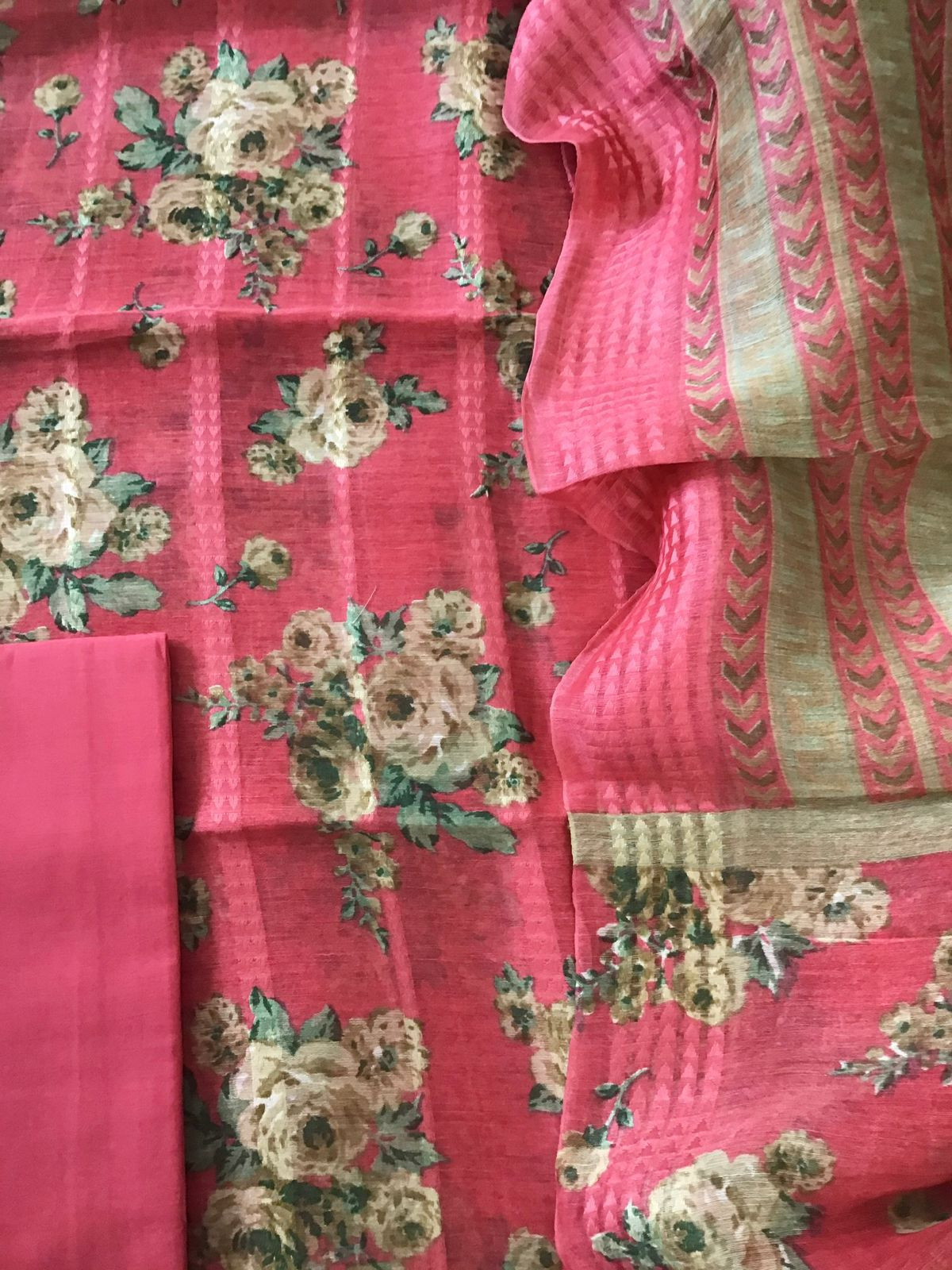 Pure Tussar Silk Printed Self Weaved Suit - Pinkish Red