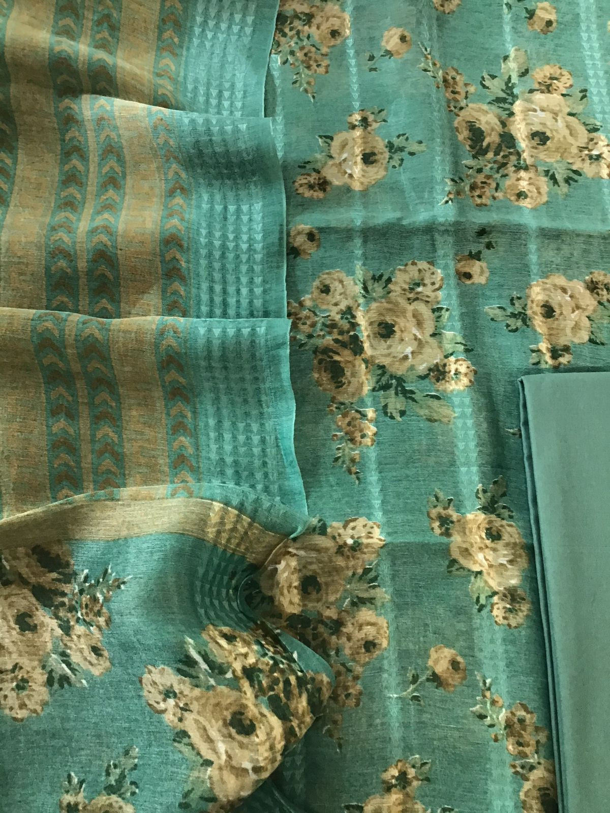 Pure Tussar Silk Printed Self Weaved Suit - Green