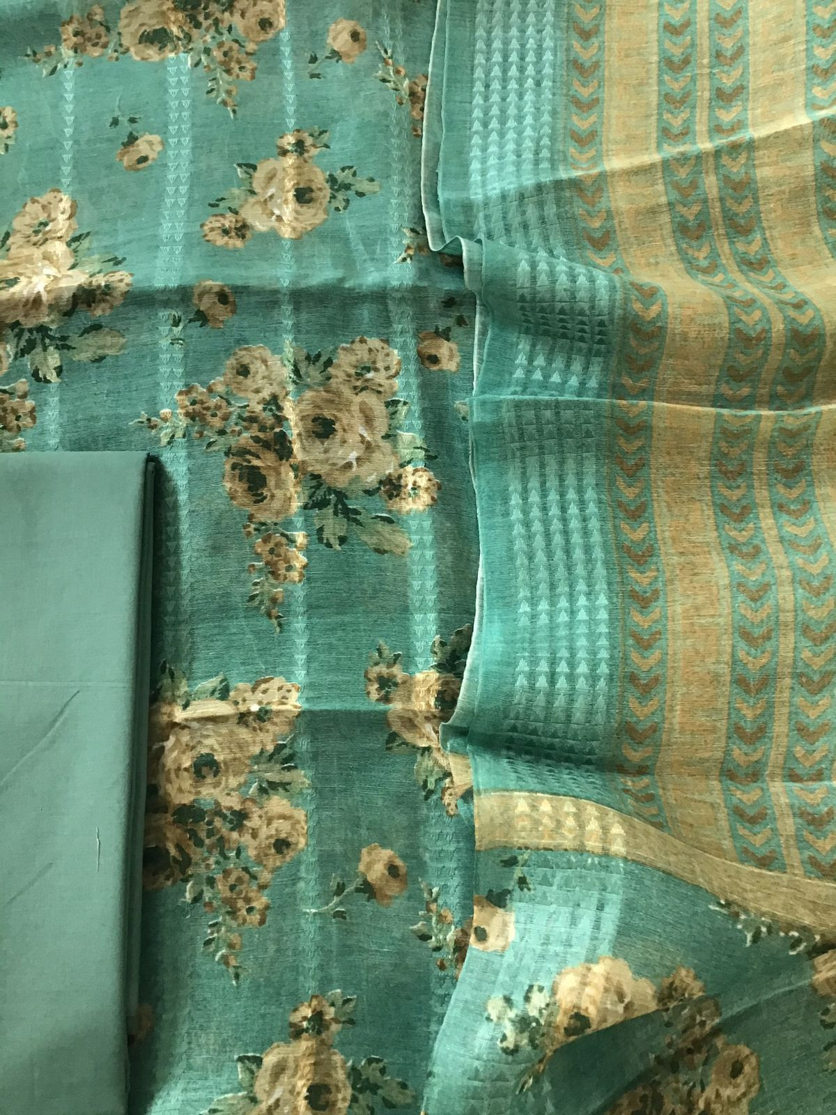 Pure Tussar Silk Printed Self Weaved Suit - Green