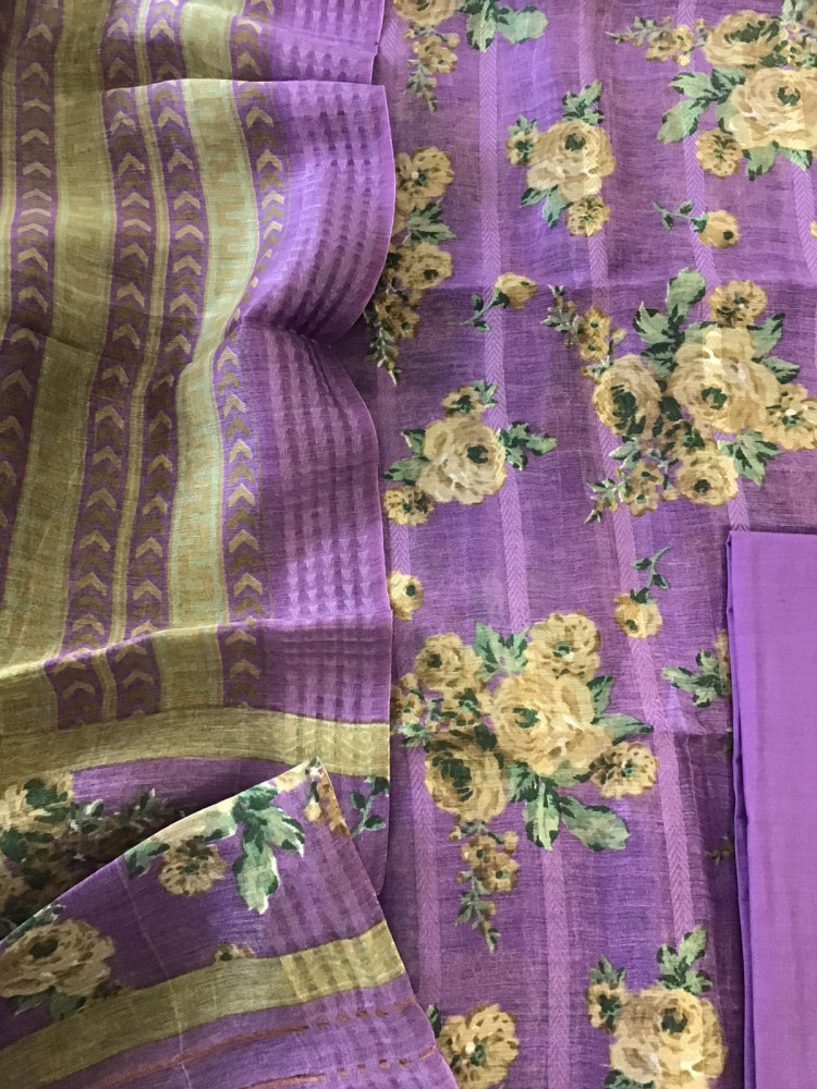 Image of Pure Tussar Silk Printed Self Weaved Suit - Purple
