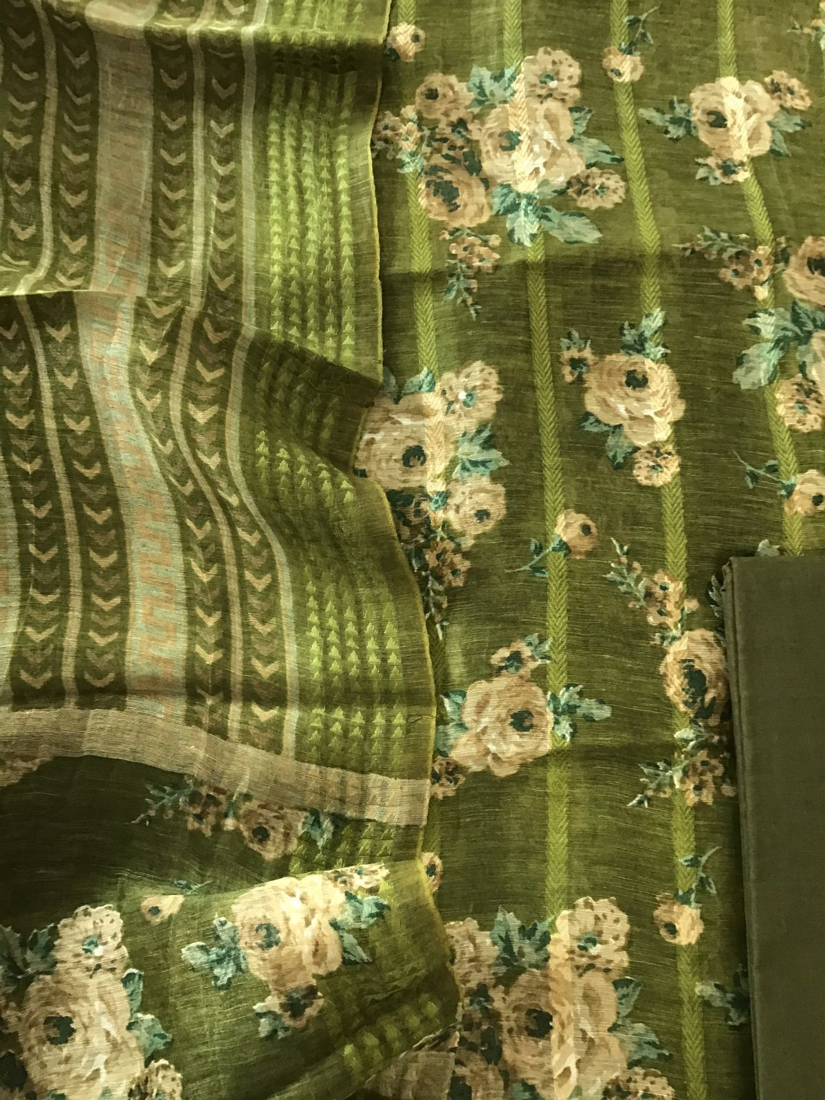 Pure Tussar Silk Printed Self Weaved Suit - Green