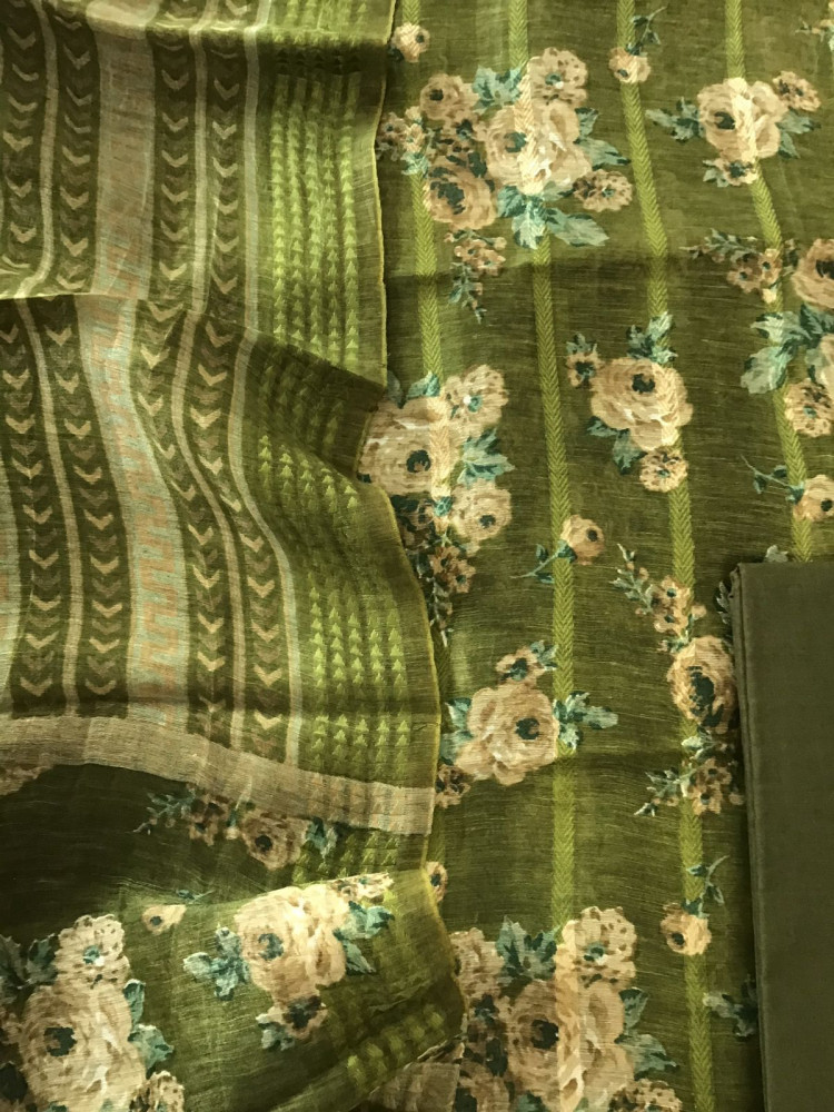 Image of Pure Tussar Silk Printed Self Weaved Suit - Green