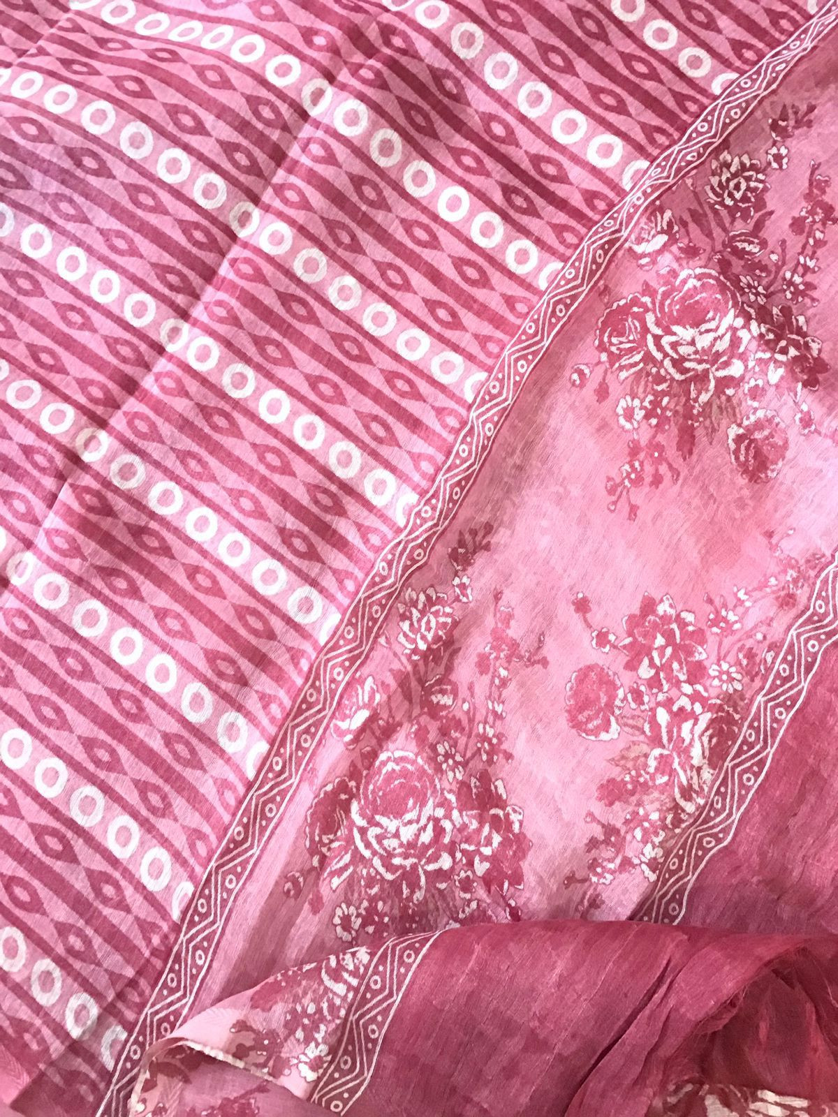 Pure Tussar Silk Printed Self Weaved Suit - Pink