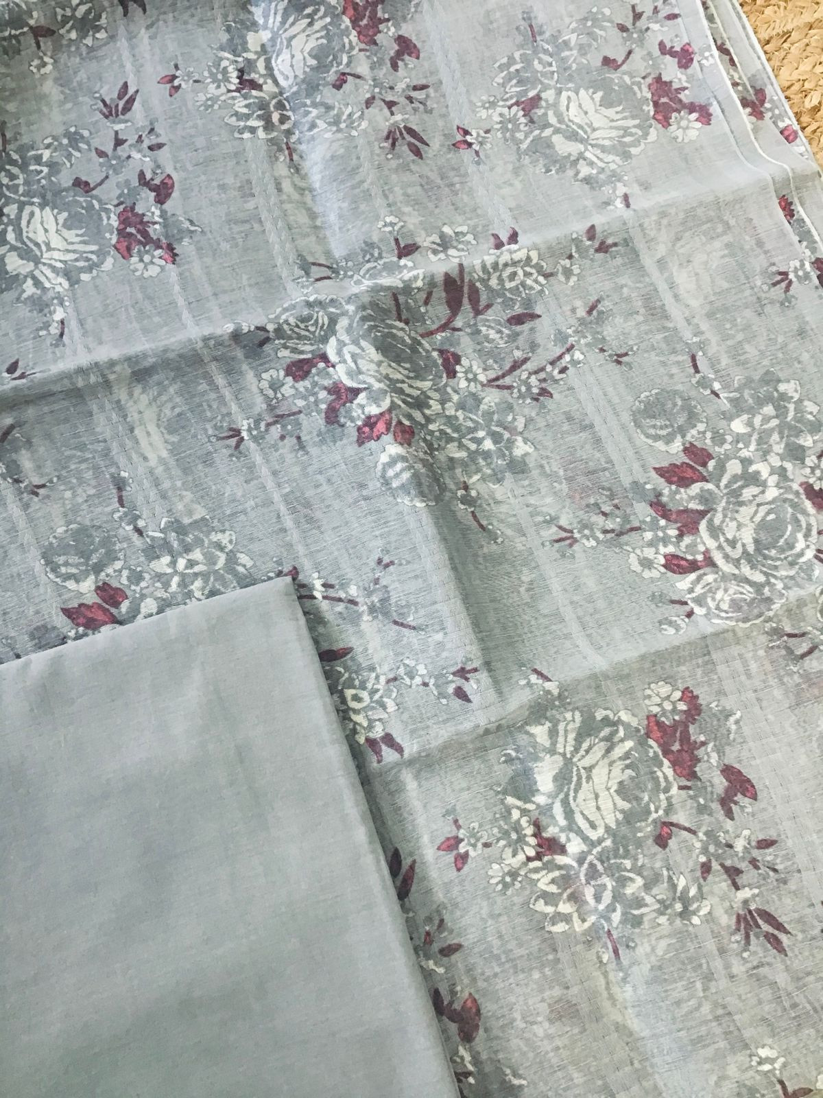 Pure Tussar Silk Printed Self Weaved Suit - Grey