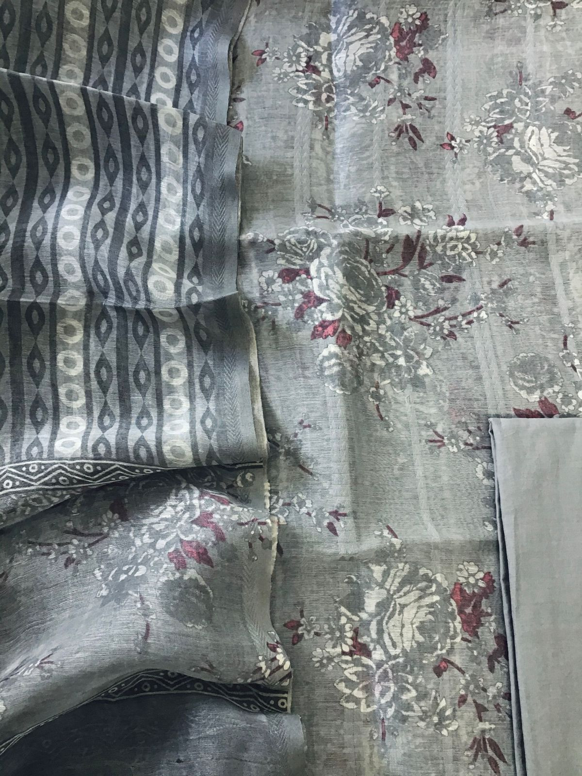 Pure Tussar Silk Printed Self Weaved Suit - Grey