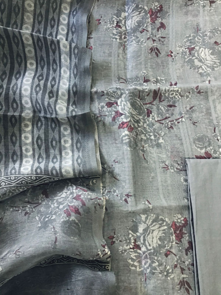 Image of Pure Tussar Silk Printed Self Weaved Suit - Grey