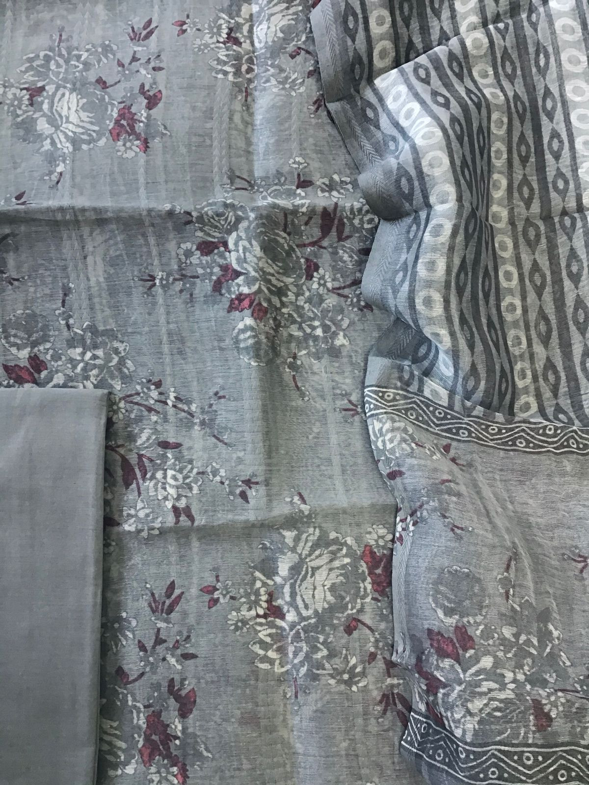 Pure Tussar Silk Printed Self Weaved Suit - Grey