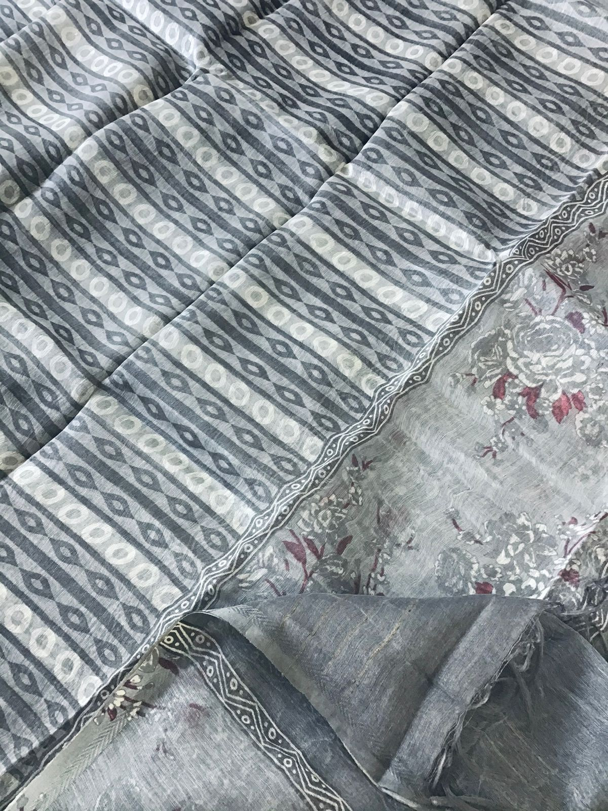 Pure Tussar Silk Printed Self Weaved Suit - Grey