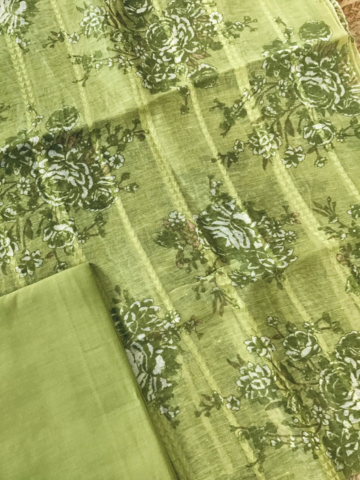 Pure Tussar Silk Printed Self Weaved Suit - Green
