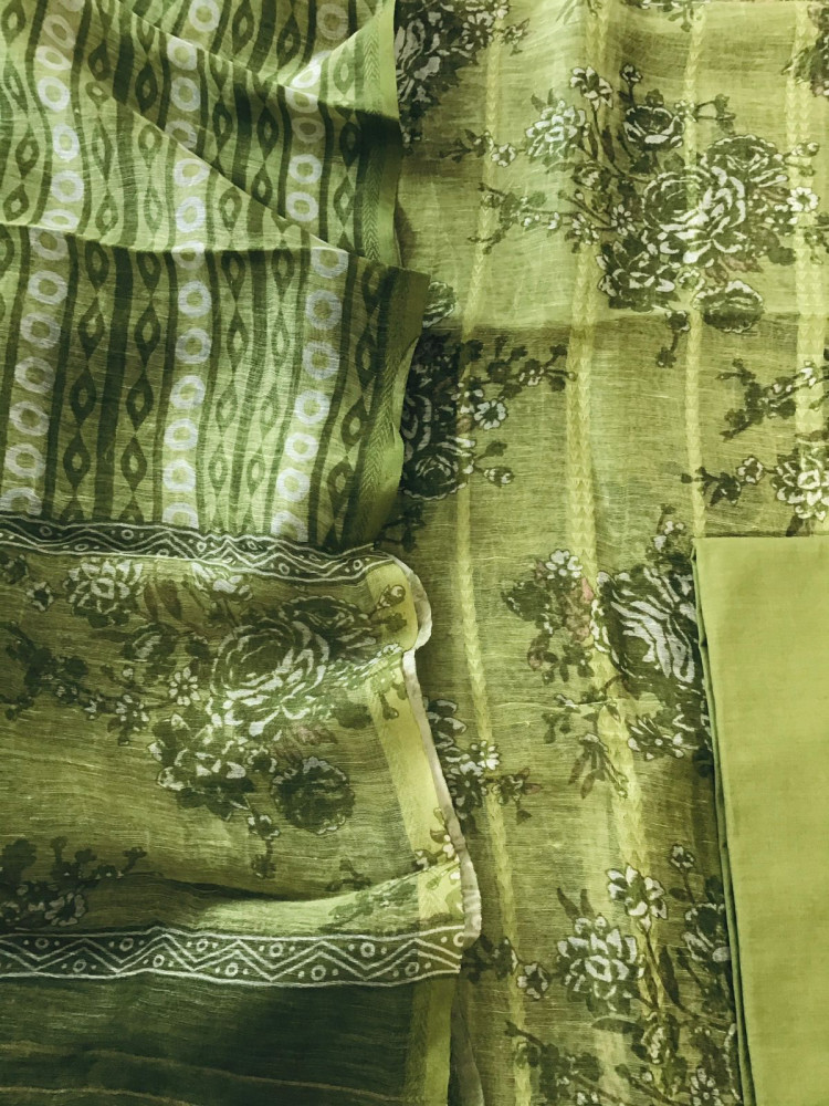 Image of Pure Tussar Silk Printed Self Weaved Suit - Green