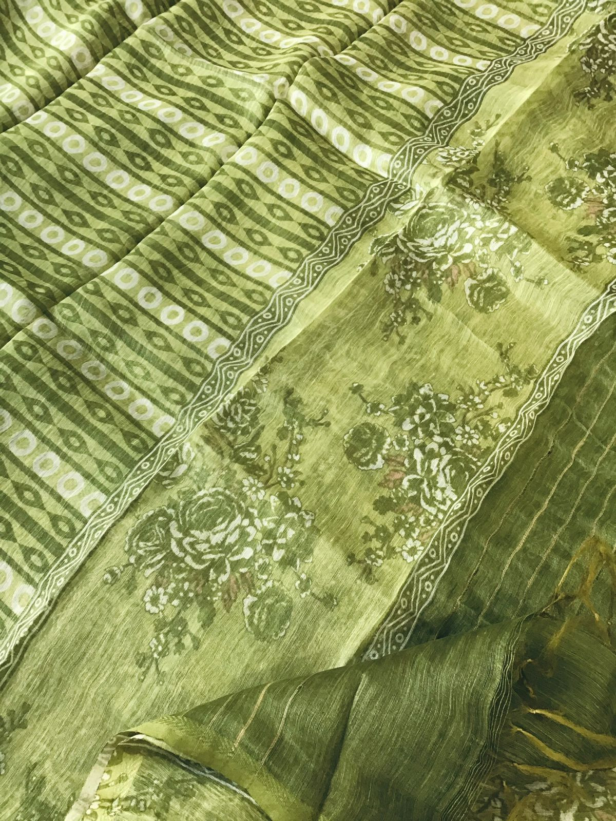 Pure Tussar Silk Printed Self Weaved Suit - Green