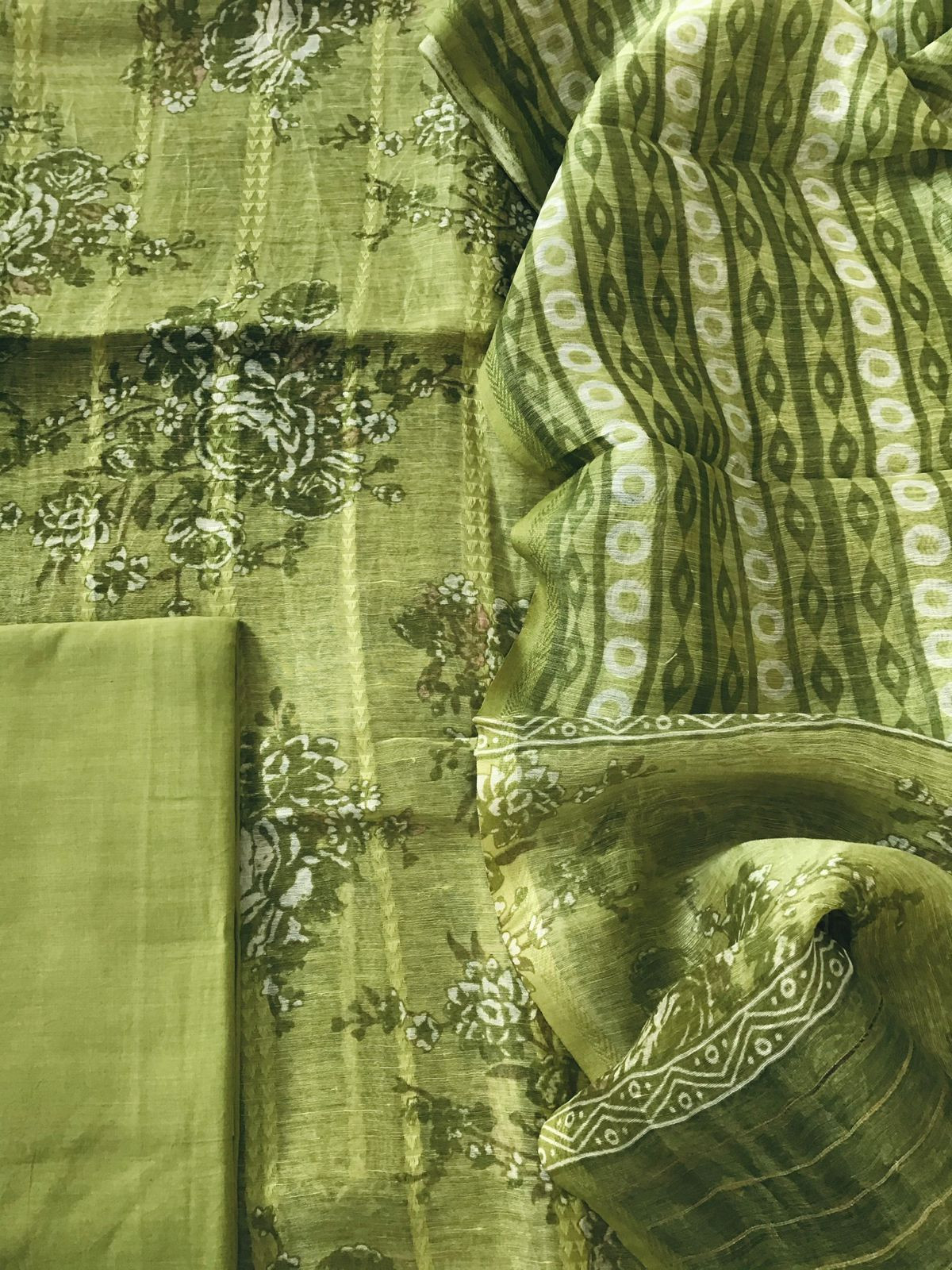 Pure Tussar Silk Printed Self Weaved Suit - Green