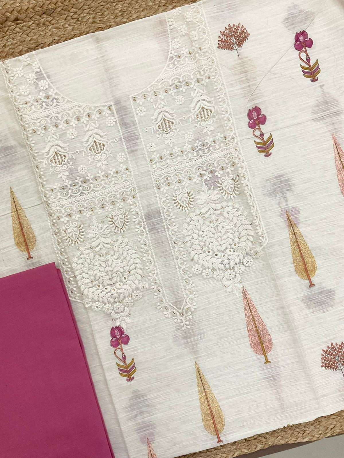 Soft Linen Chanderi Printed Embroidered Suit - Off White