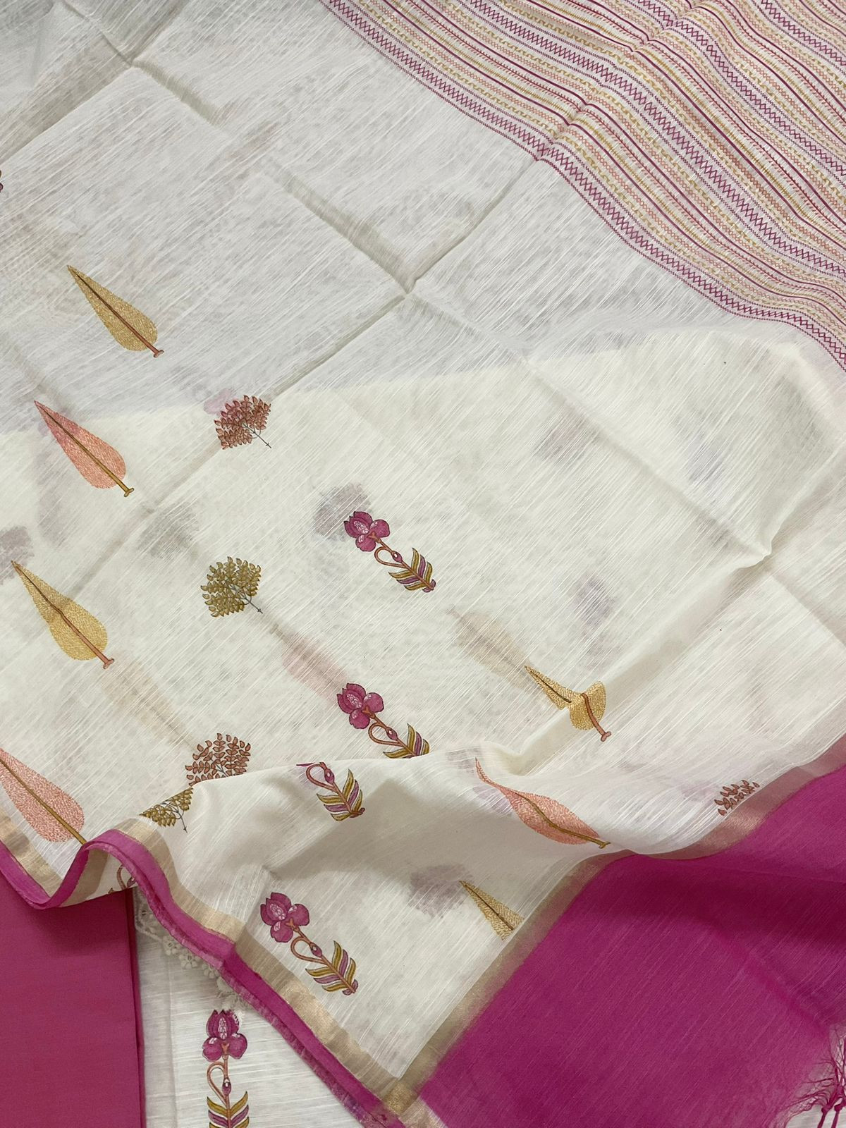 Soft Linen Chanderi Printed Embroidered Suit - Off White