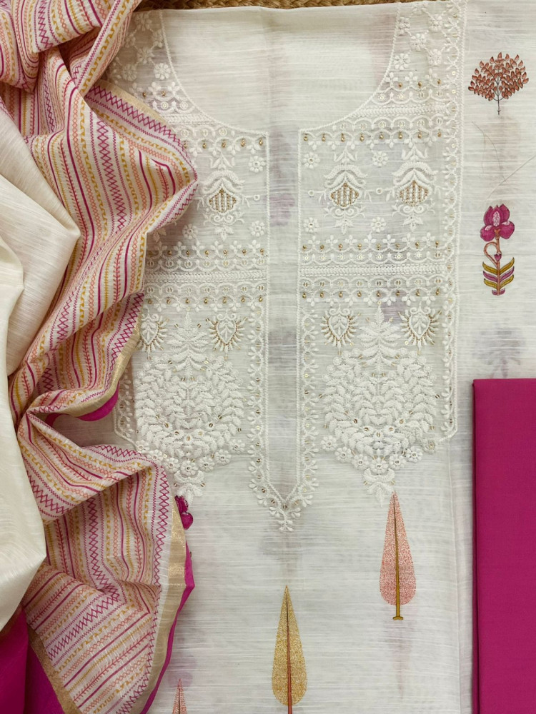 Image of Soft Linen Chanderi Printed Embroidered Suit - Off White