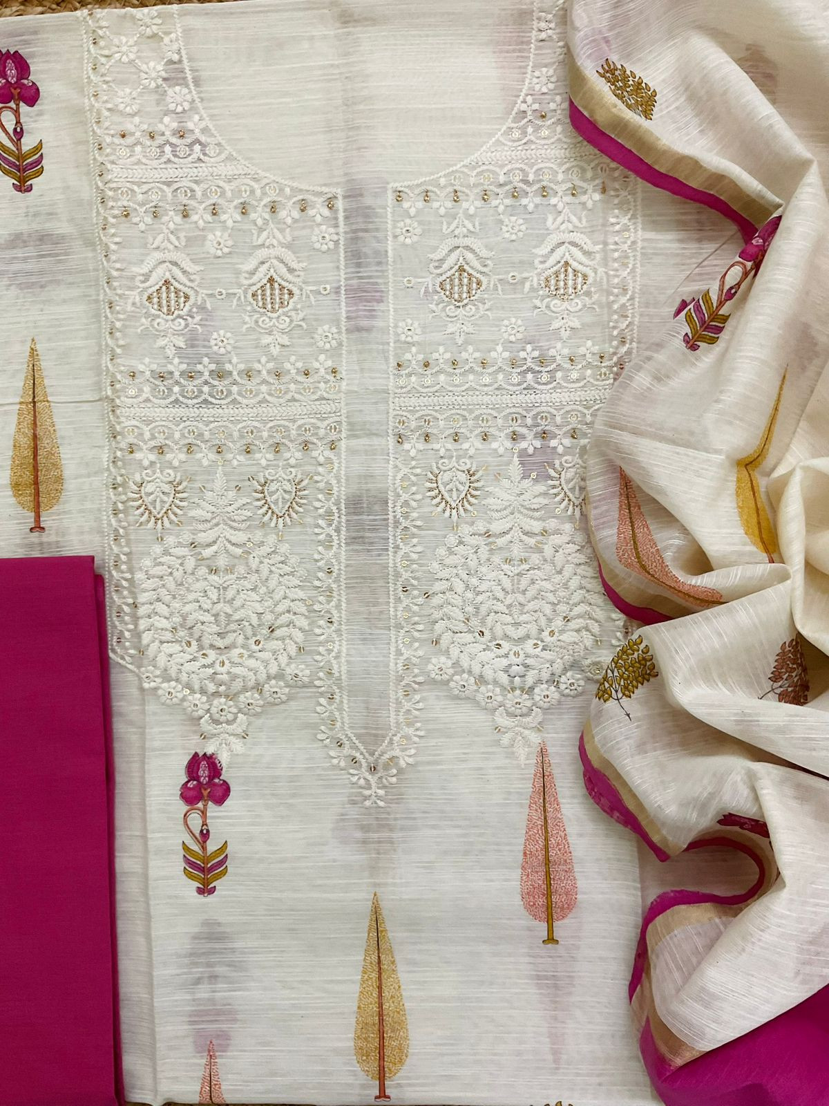 Soft Linen Chanderi Printed Embroidered Suit - Off White