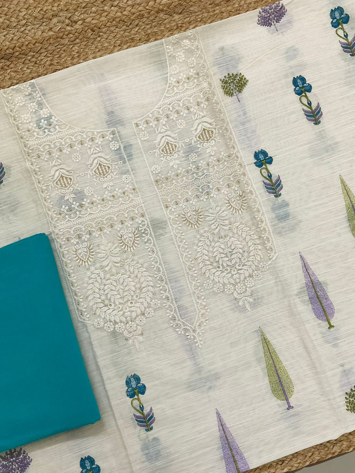 Soft Linen Chanderi Printed Embroidered Suit - Off White