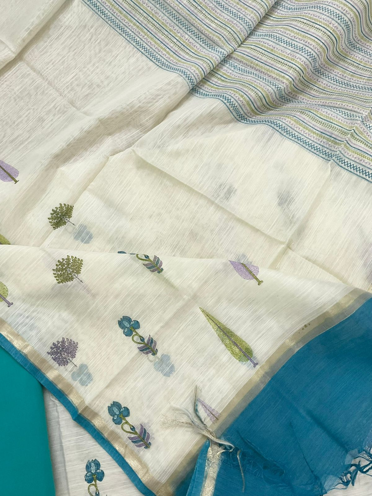 Soft Linen Chanderi Printed Embroidered Suit - Off White