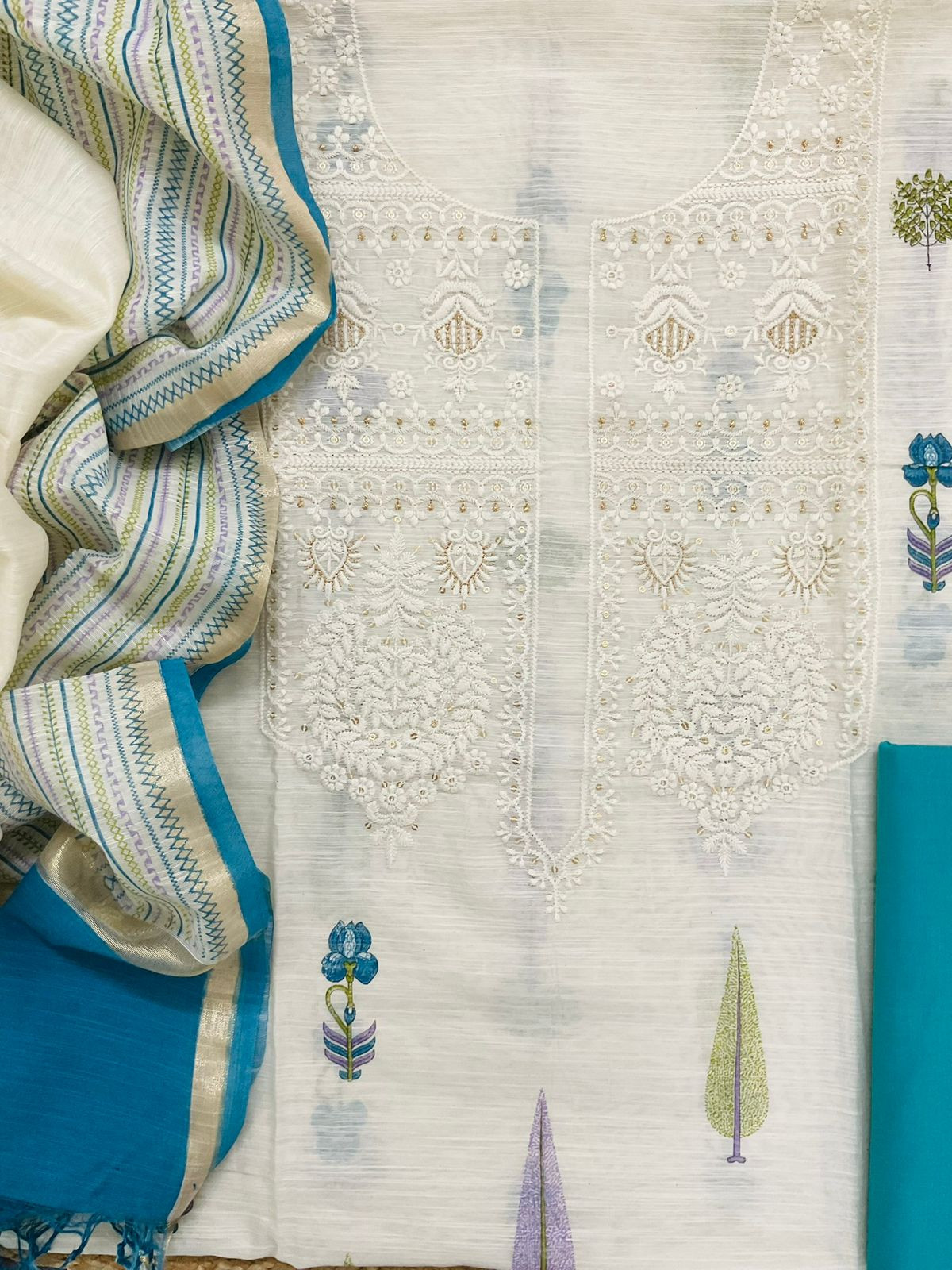 Soft Linen Chanderi Printed Embroidered Suit - Off White