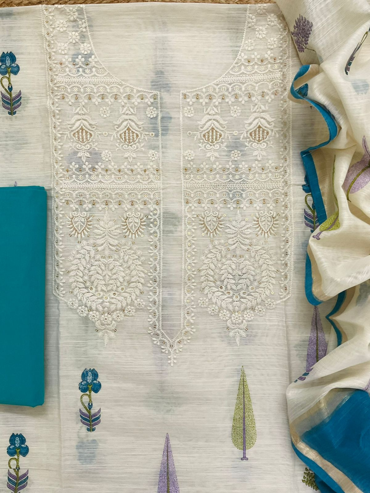 Soft Linen Chanderi Printed Embroidered Suit - Off White