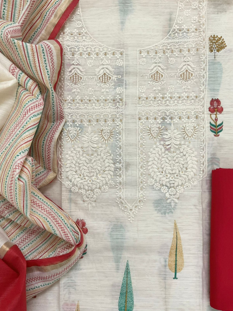 Image of Soft Linen Chanderi Printed Embroidered Suit - Off White