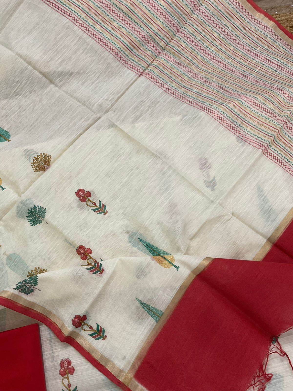 Soft Linen Chanderi Printed Embroidered Suit - Off White