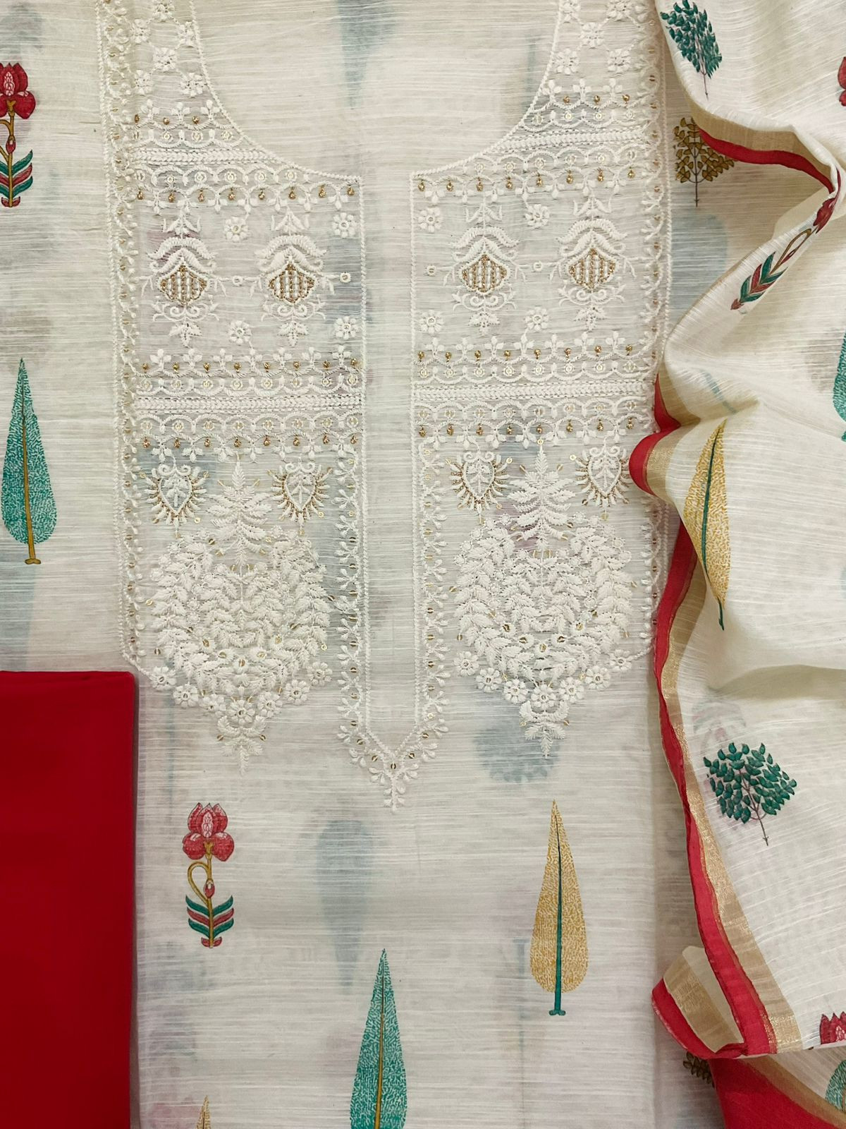 Soft Linen Chanderi Printed Embroidered Suit - Off White