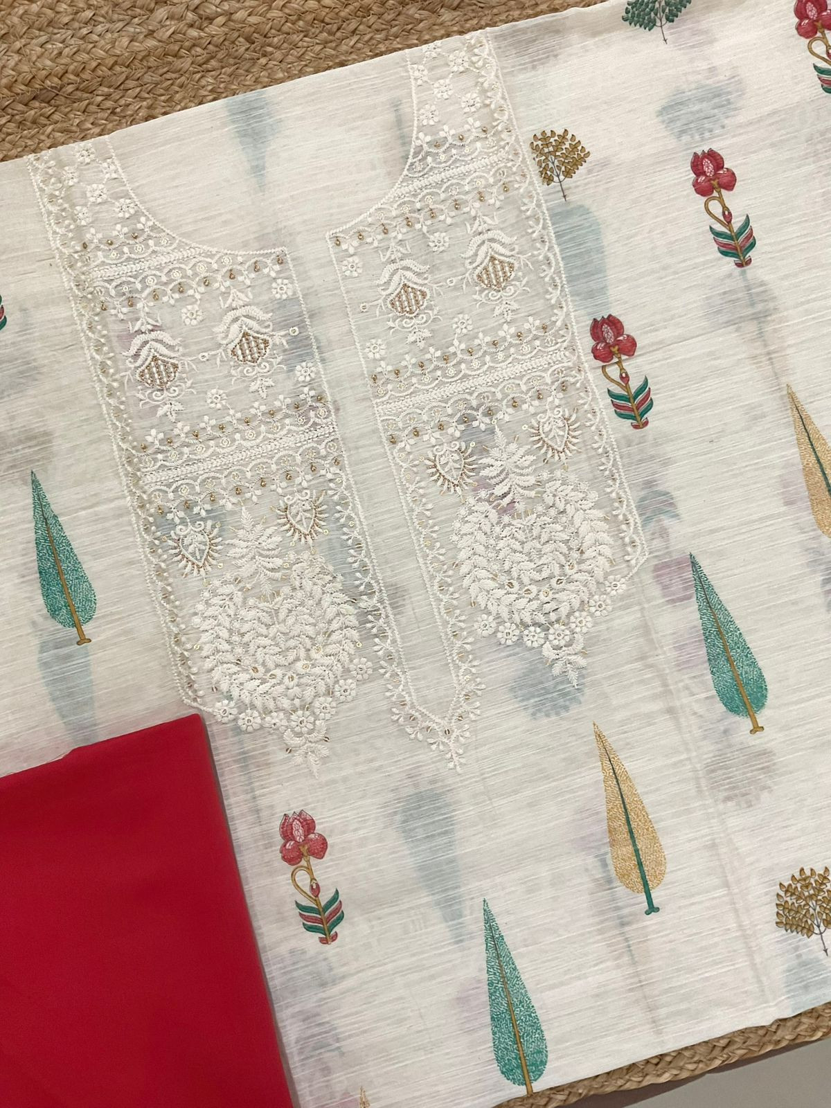 Soft Linen Chanderi Printed Embroidered Suit - Off White