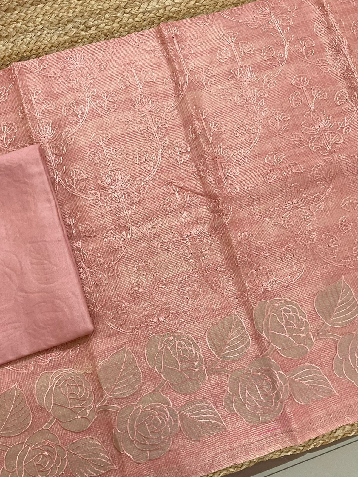 Soft Tissue Kota Silk Banarasi Weaved Embroidered Suit - Pink