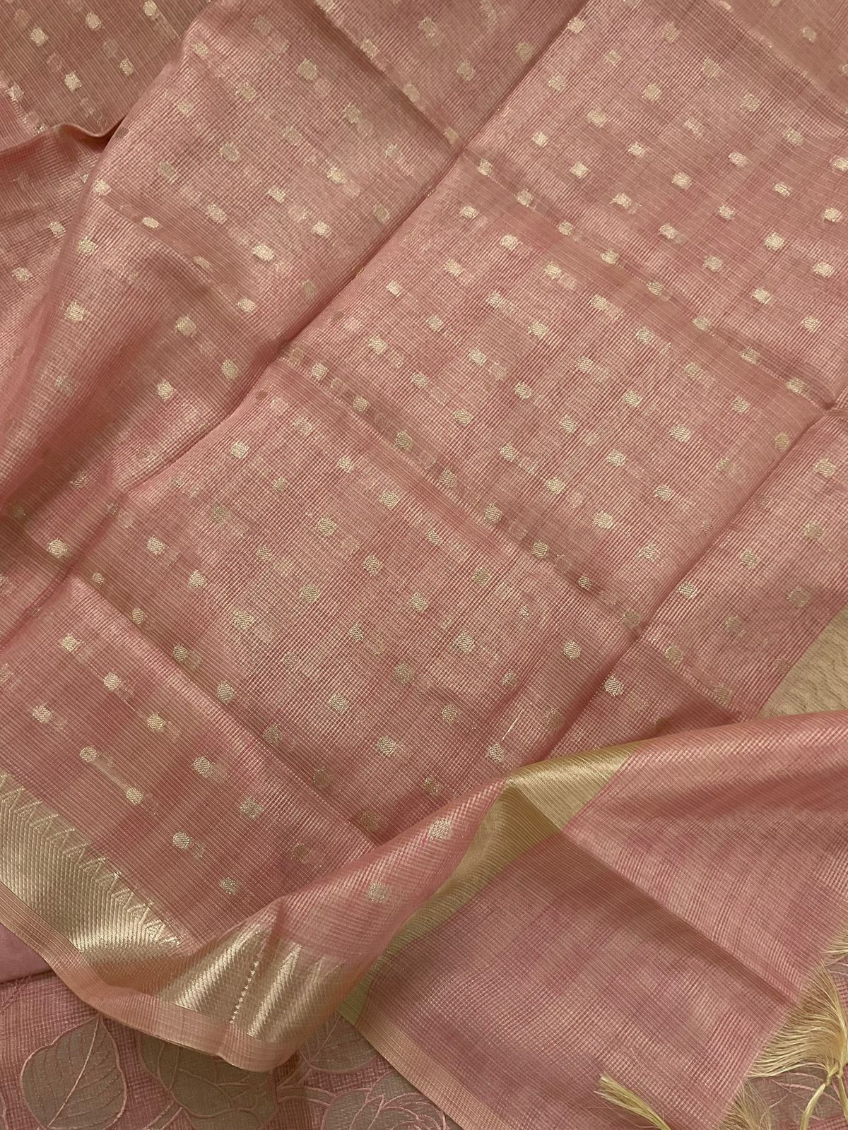 Soft Tissue Kota Silk Banarasi Weaved Embroidered Suit - Pink