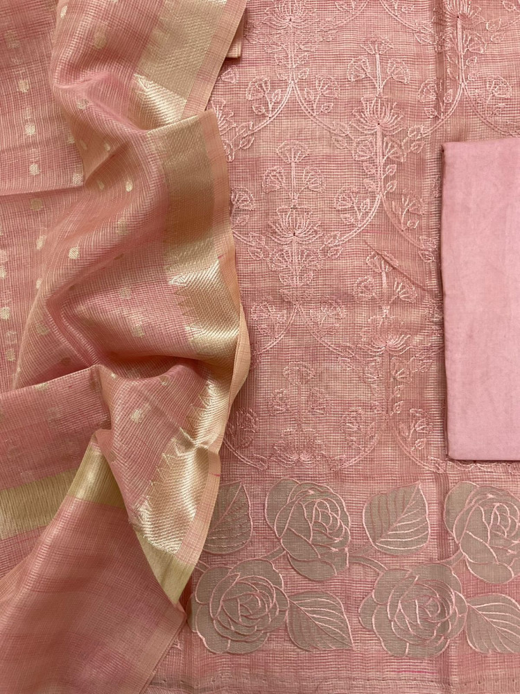 Image of Soft Tissue Kota Silk Banarasi Weaved Embroidered Suit - Pink