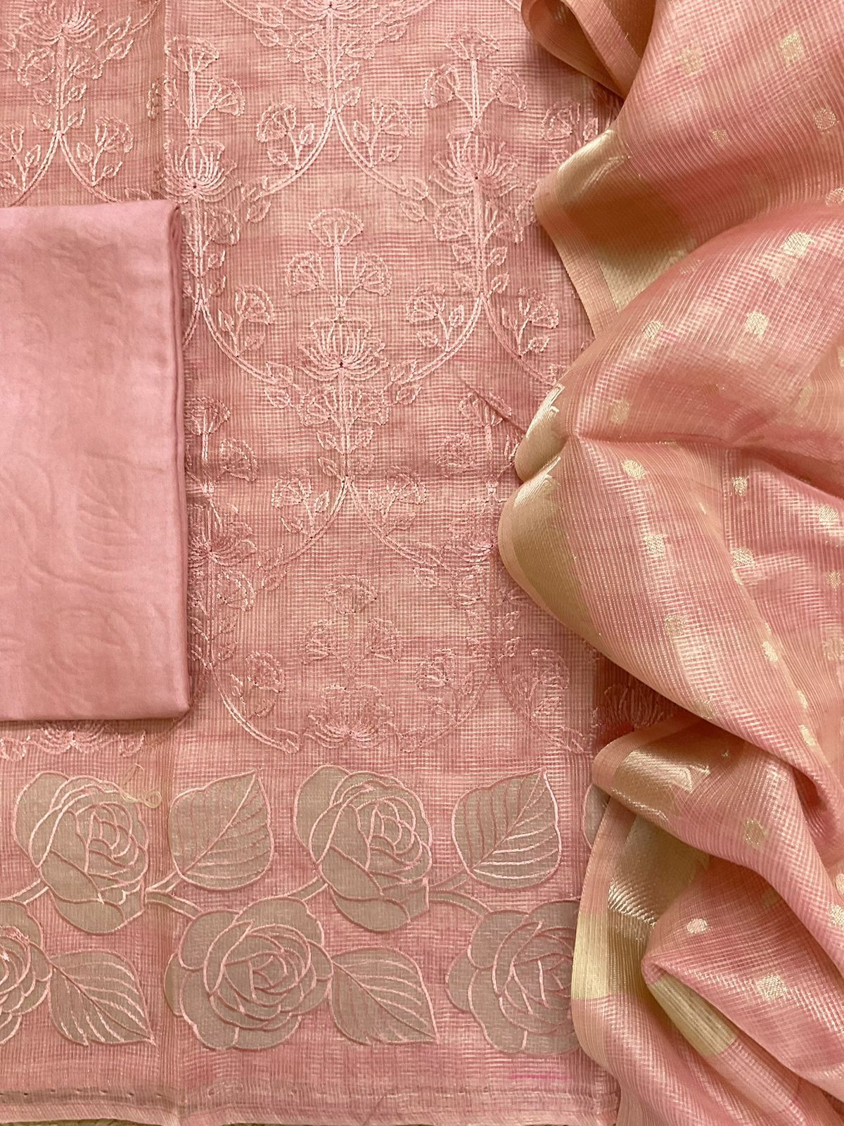 Soft Tissue Kota Silk Banarasi Weaved Embroidered Suit - Pink