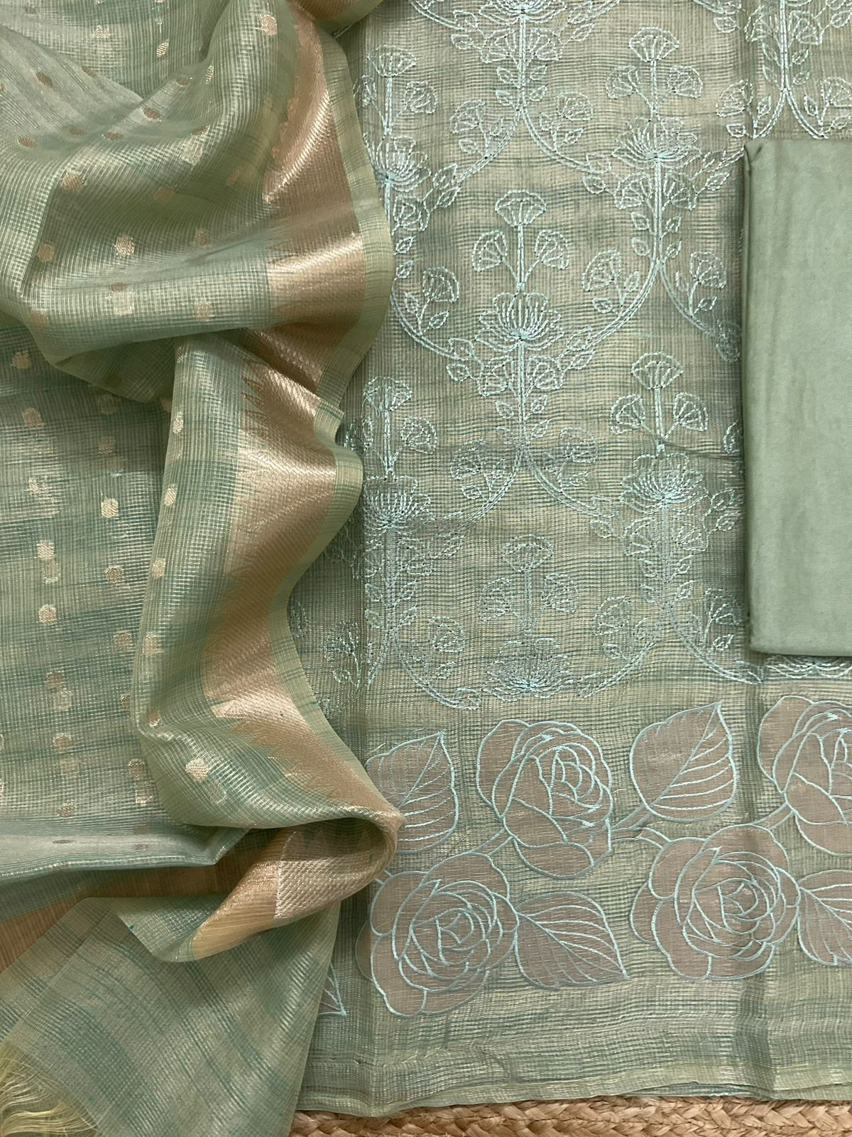 Soft Tissue Kota Silk Banarasi Weaved Embroidered Suit - Blue