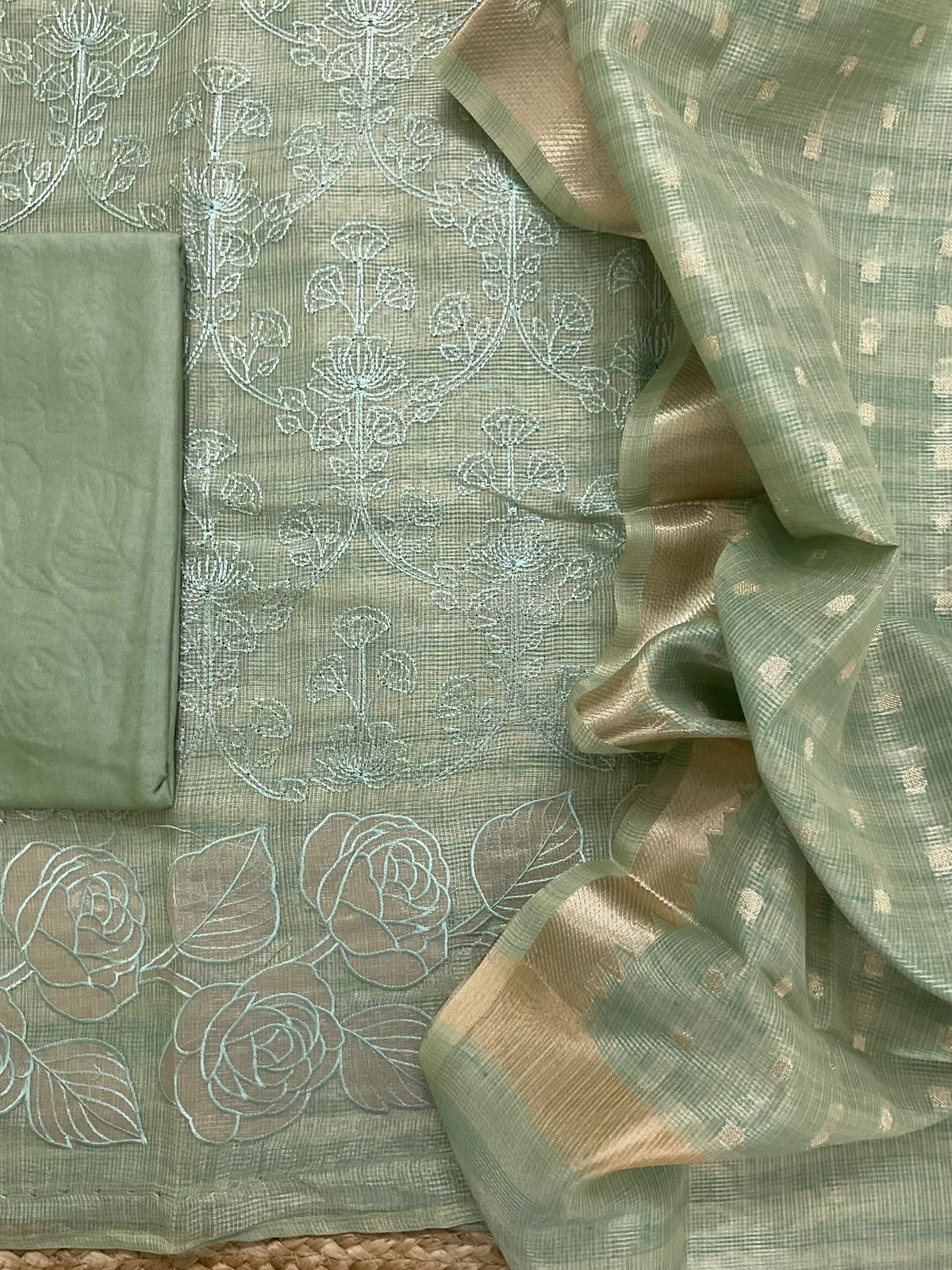 Soft Tissue Kota Silk Banarasi Weaved Embroidered Suit - Blue