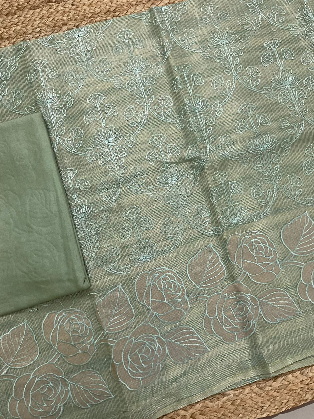 Soft Tissue Kota Silk Banarasi Weaved Embroidered Suit - Blue