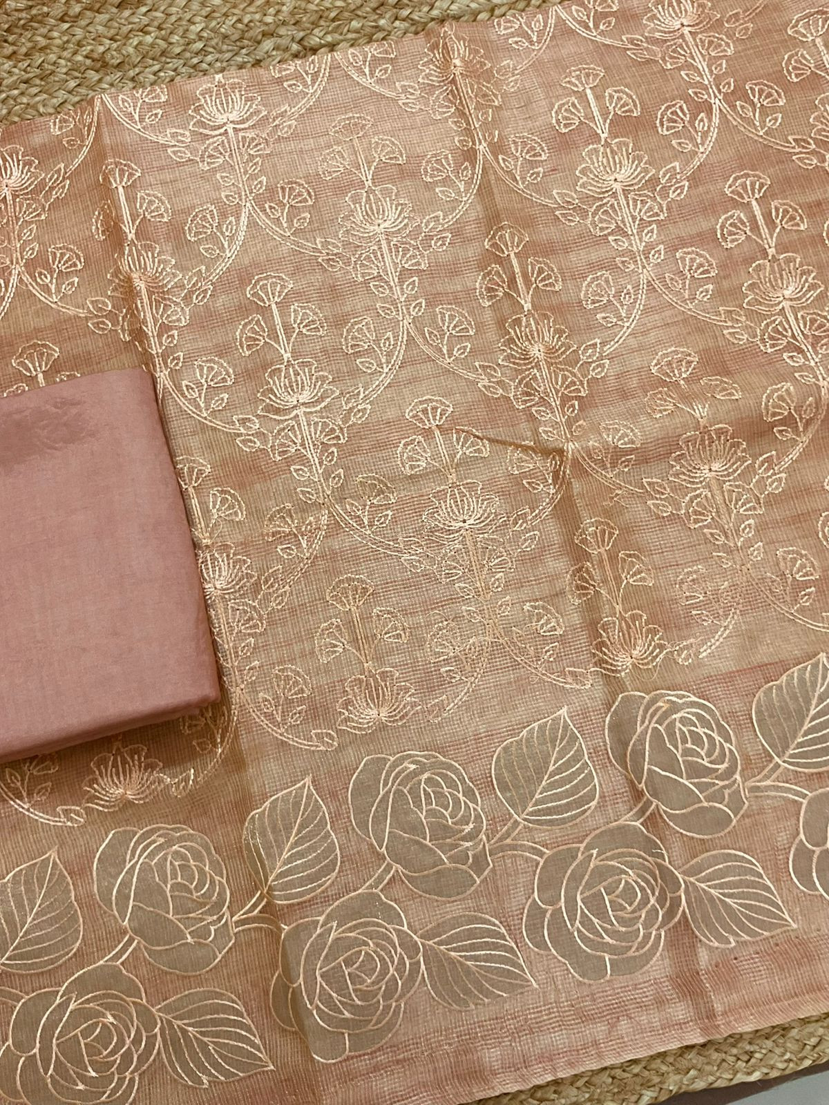 Soft Tissue Kota Silk Banarasi Weaved Embroidered Suit - Peach