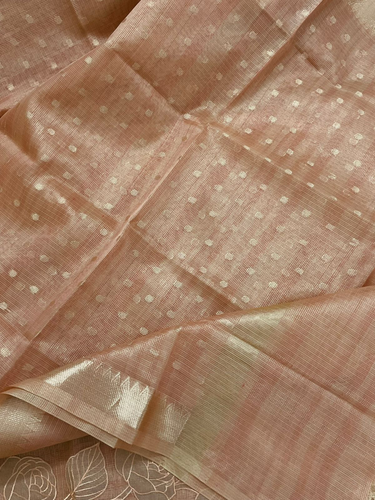 Soft Tissue Kota Silk Banarasi Weaved Embroidered Suit - Peach