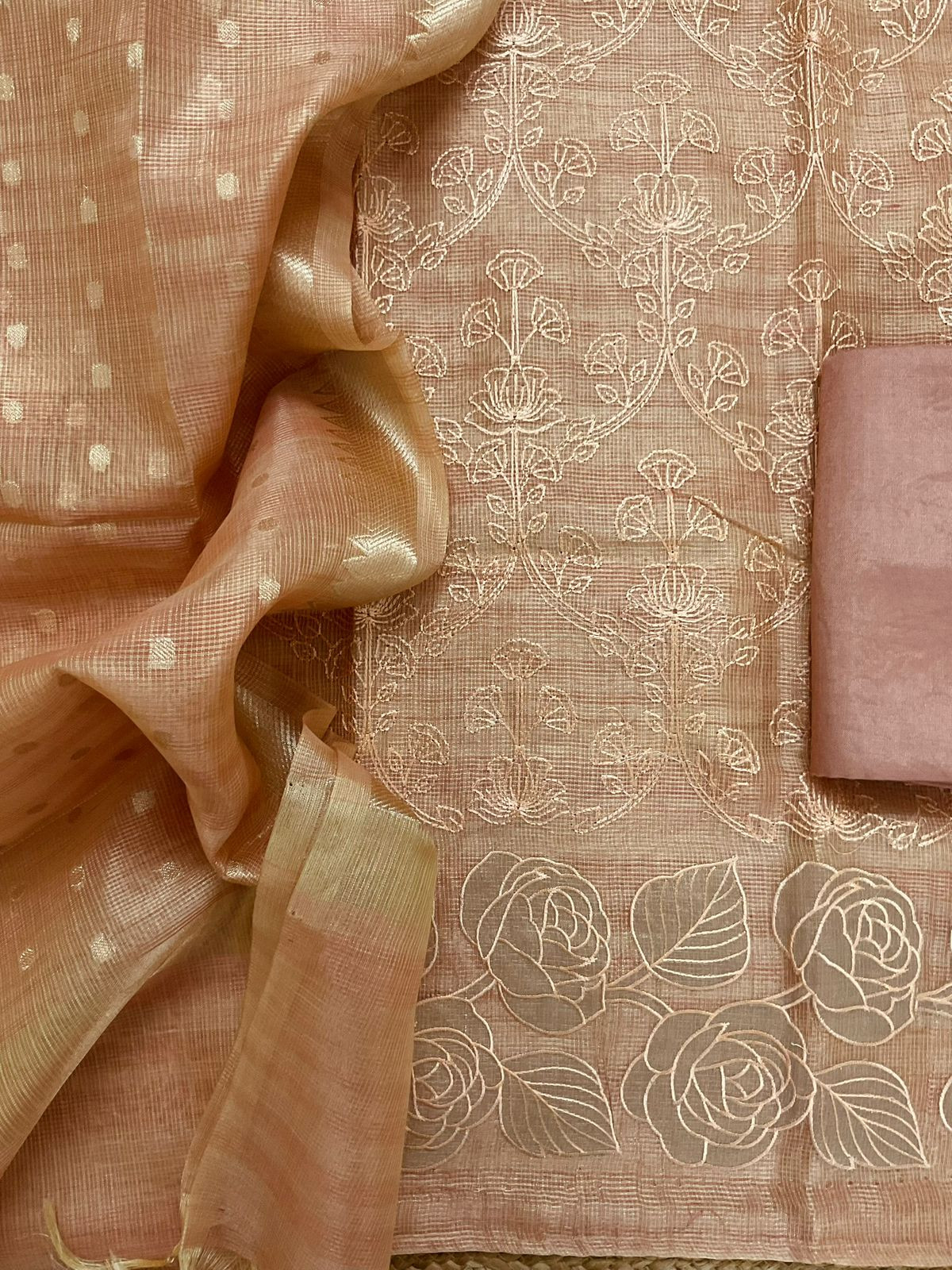 Soft Tissue Kota Silk Banarasi Weaved Embroidered Suit - Peach