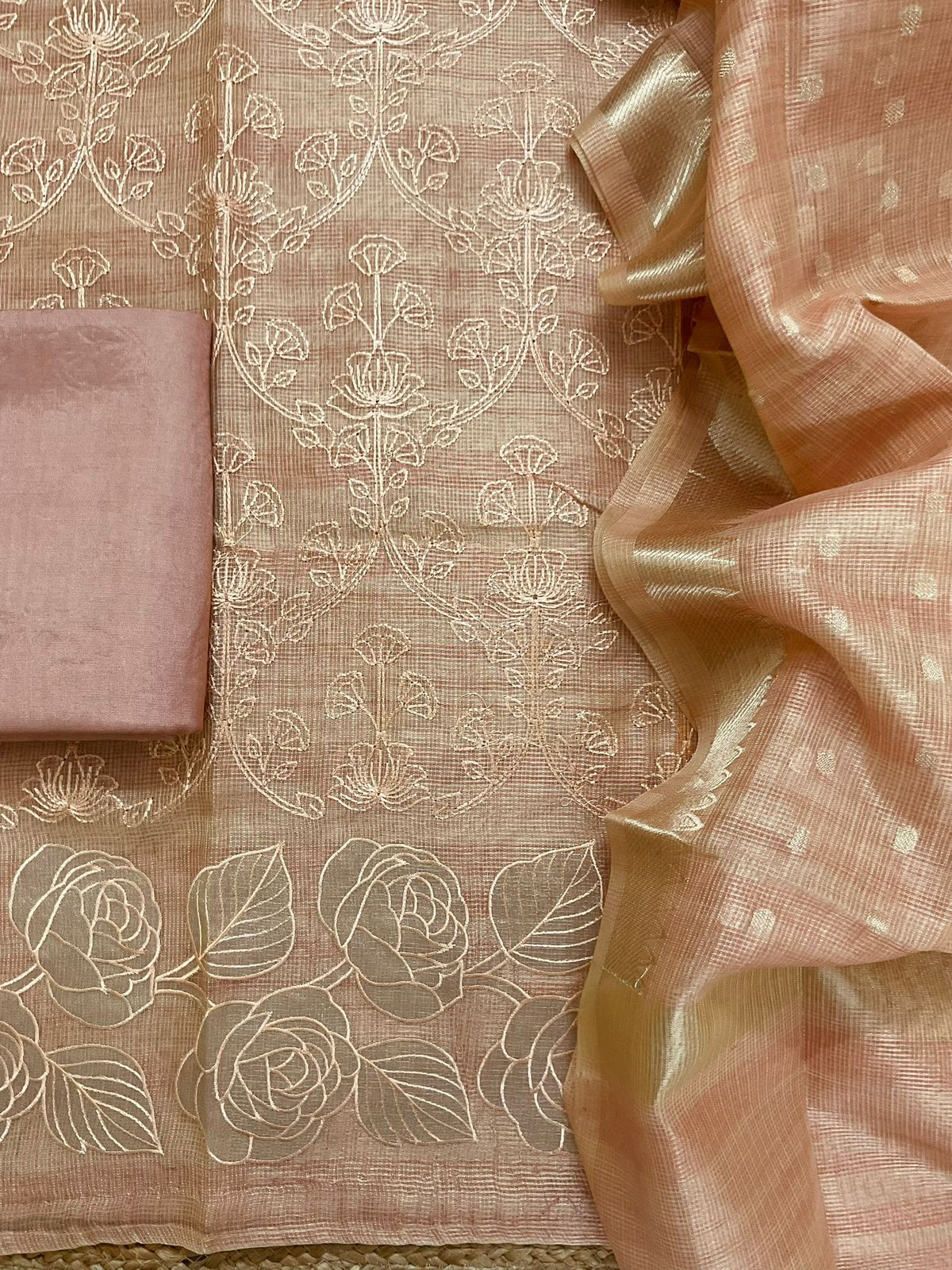 Soft Tissue Kota Silk Banarasi Weaved Embroidered Suit - Peach