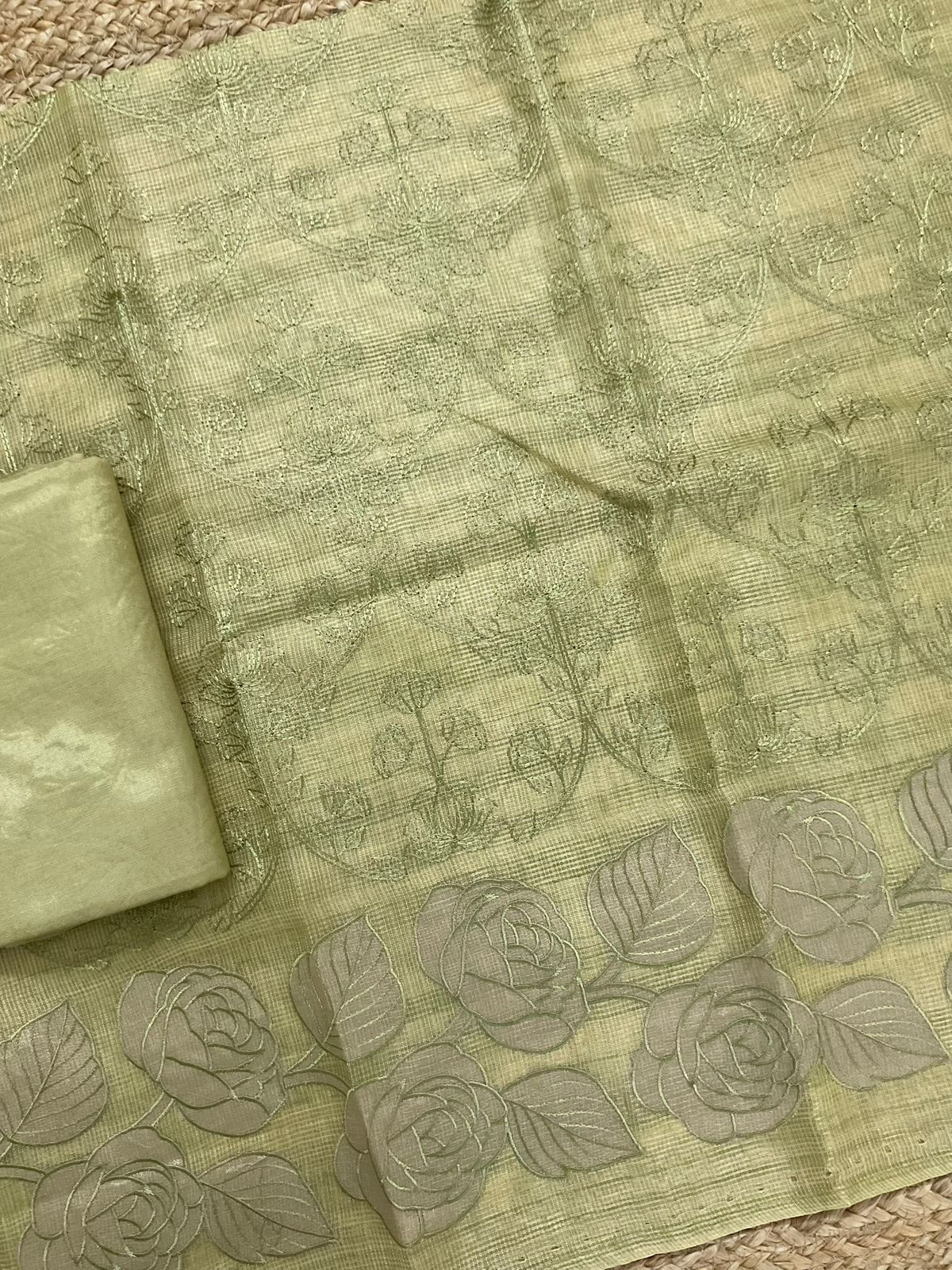 Soft Tissue Kota Silk Banarasi Weaved Embroidered Suit - Green