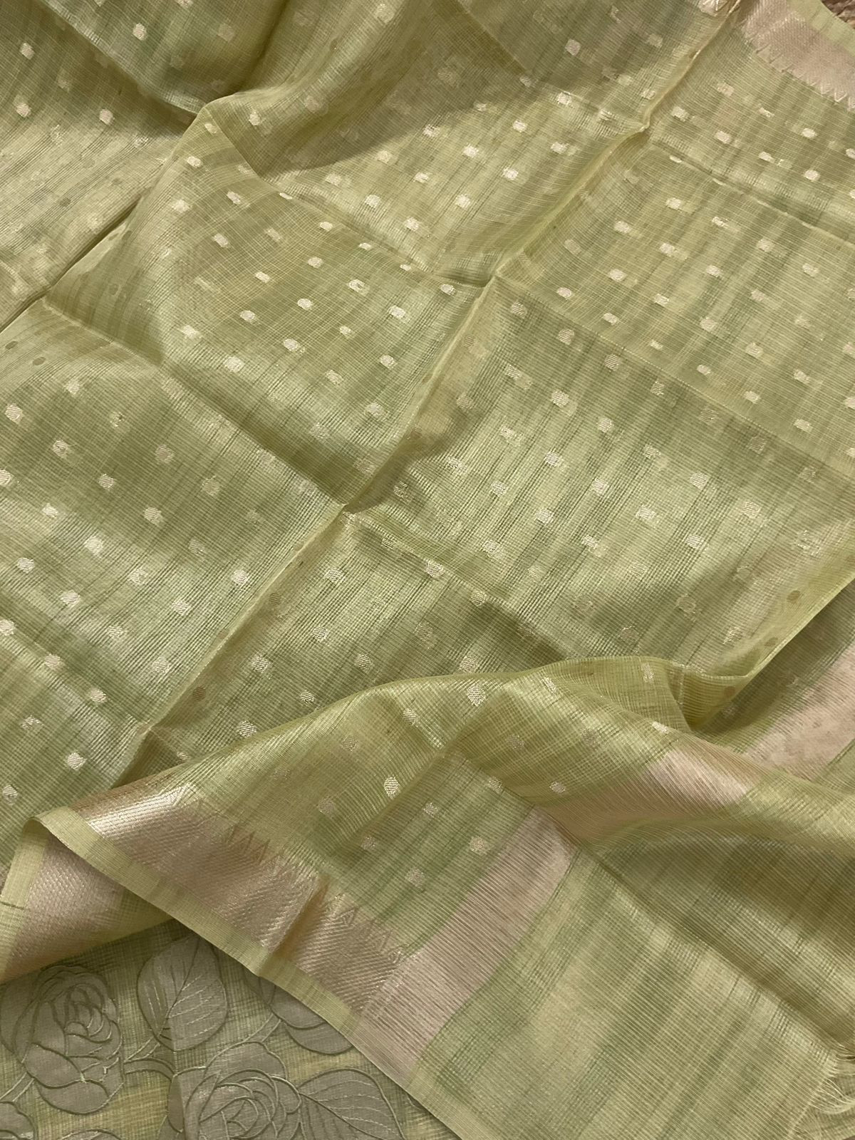 Soft Tissue Kota Silk Banarasi Weaved Embroidered Suit - Green