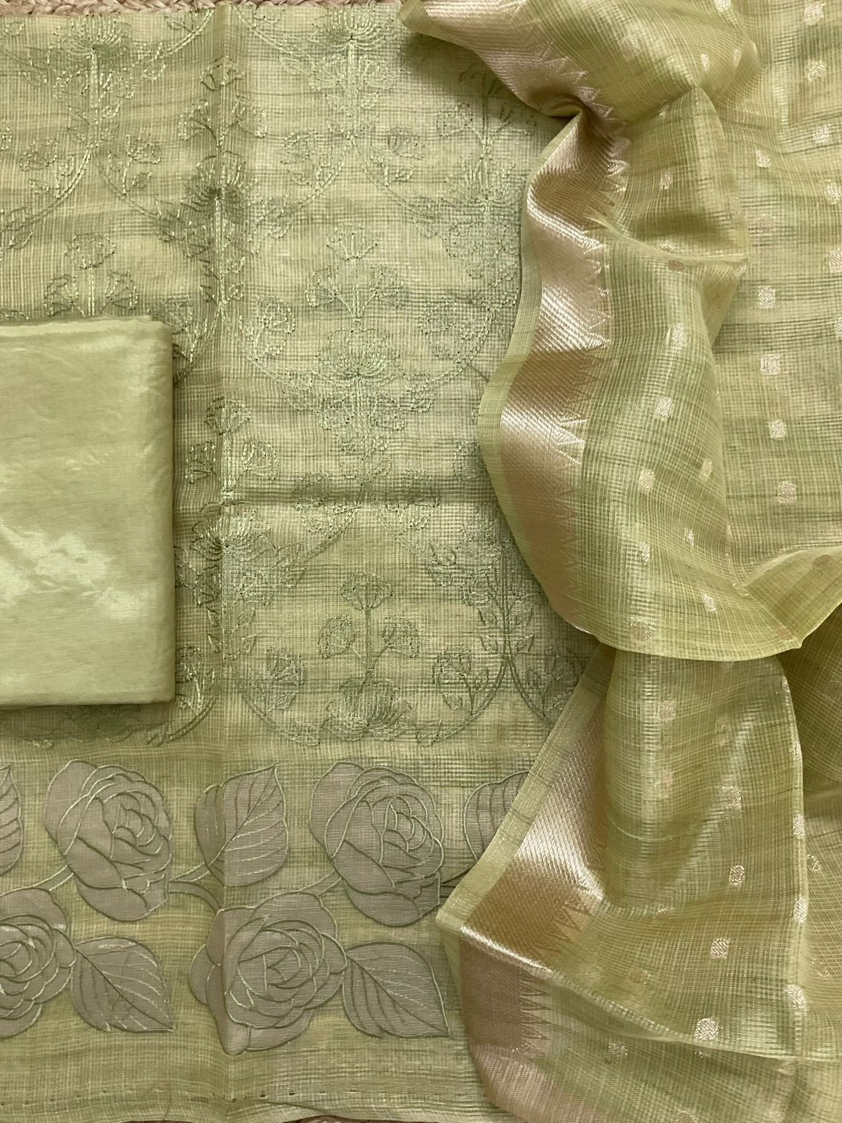 Soft Tissue Kota Silk Banarasi Weaved Embroidered Suit - Green