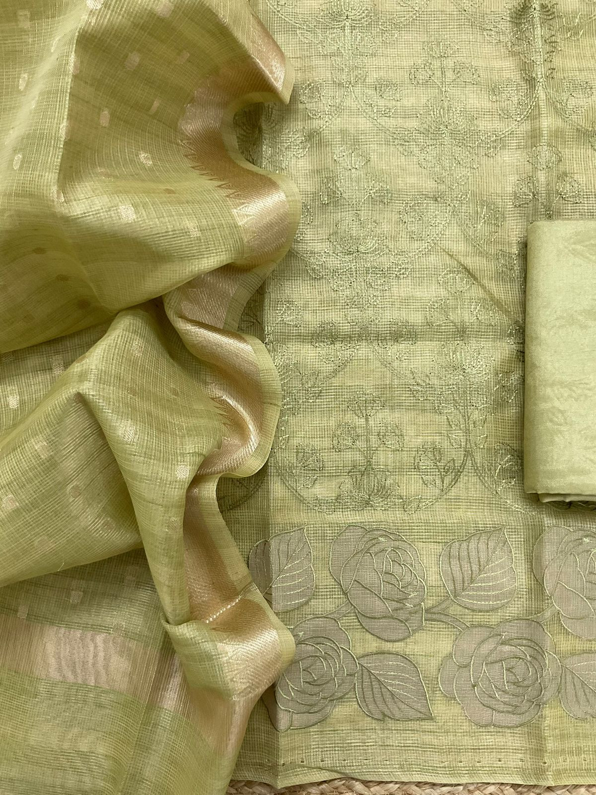 Soft Tissue Kota Silk Banarasi Weaved Embroidered Suit - Green