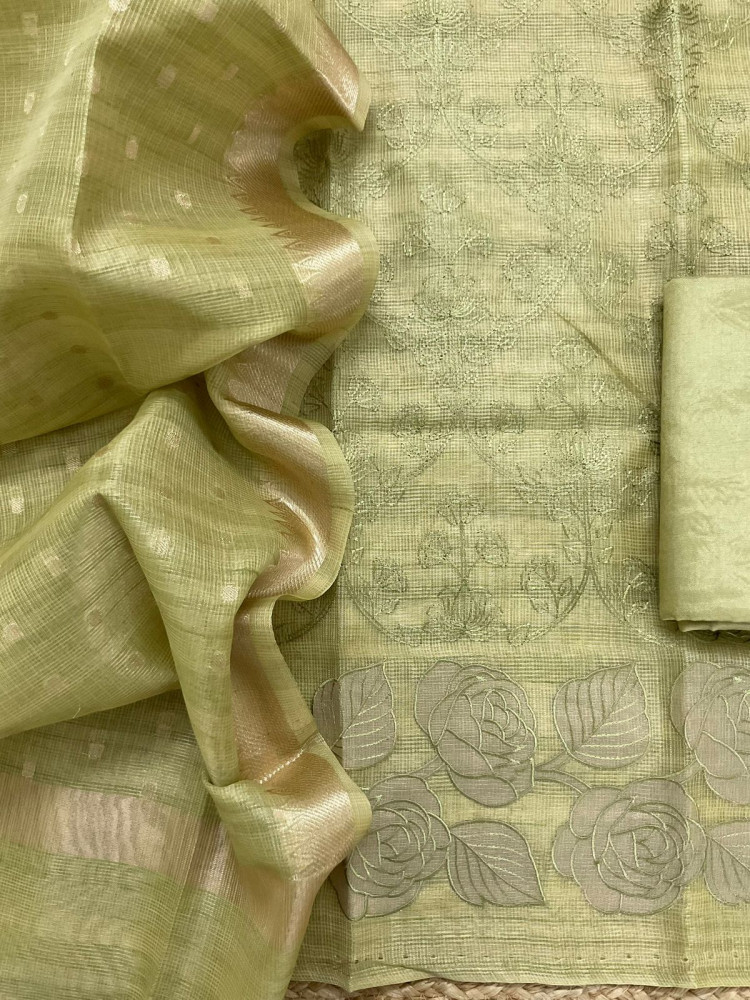 Image of Soft Tissue Kota Silk Banarasi Weaved Embroidered Suit - Green