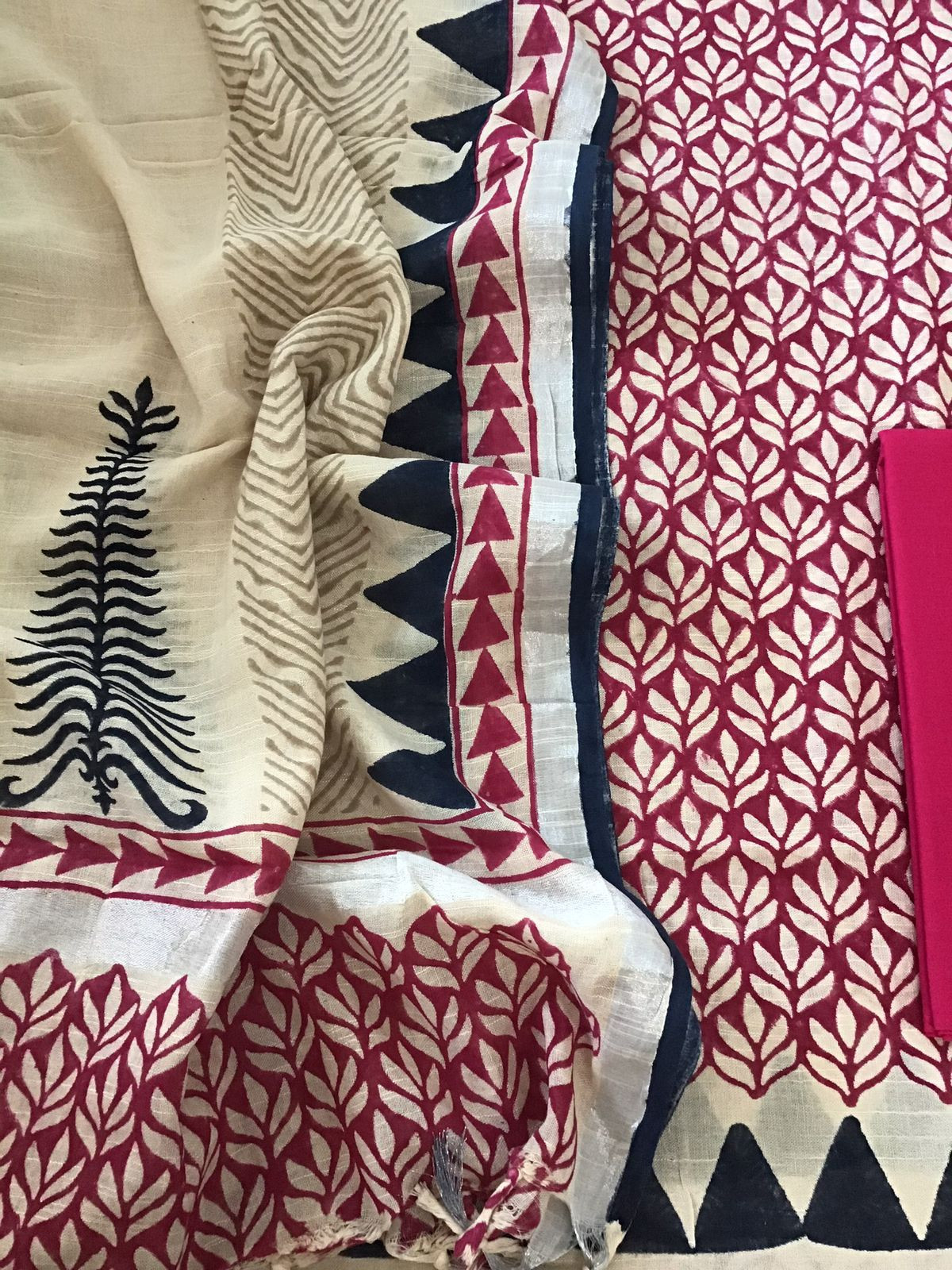 Pure Linen Jute Cotton Printed Suit - Pink